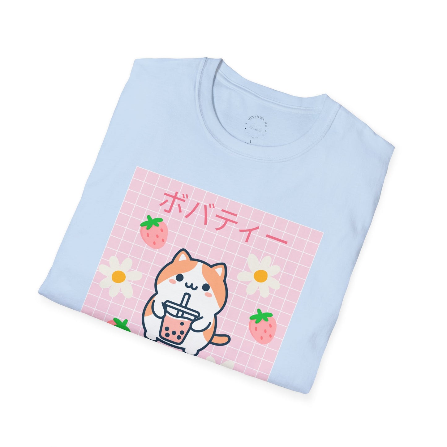 Boba Cat Graphic Tee, Unisex Softstyle T-Shirt, Kawaii Fashion, Anime Style Top
