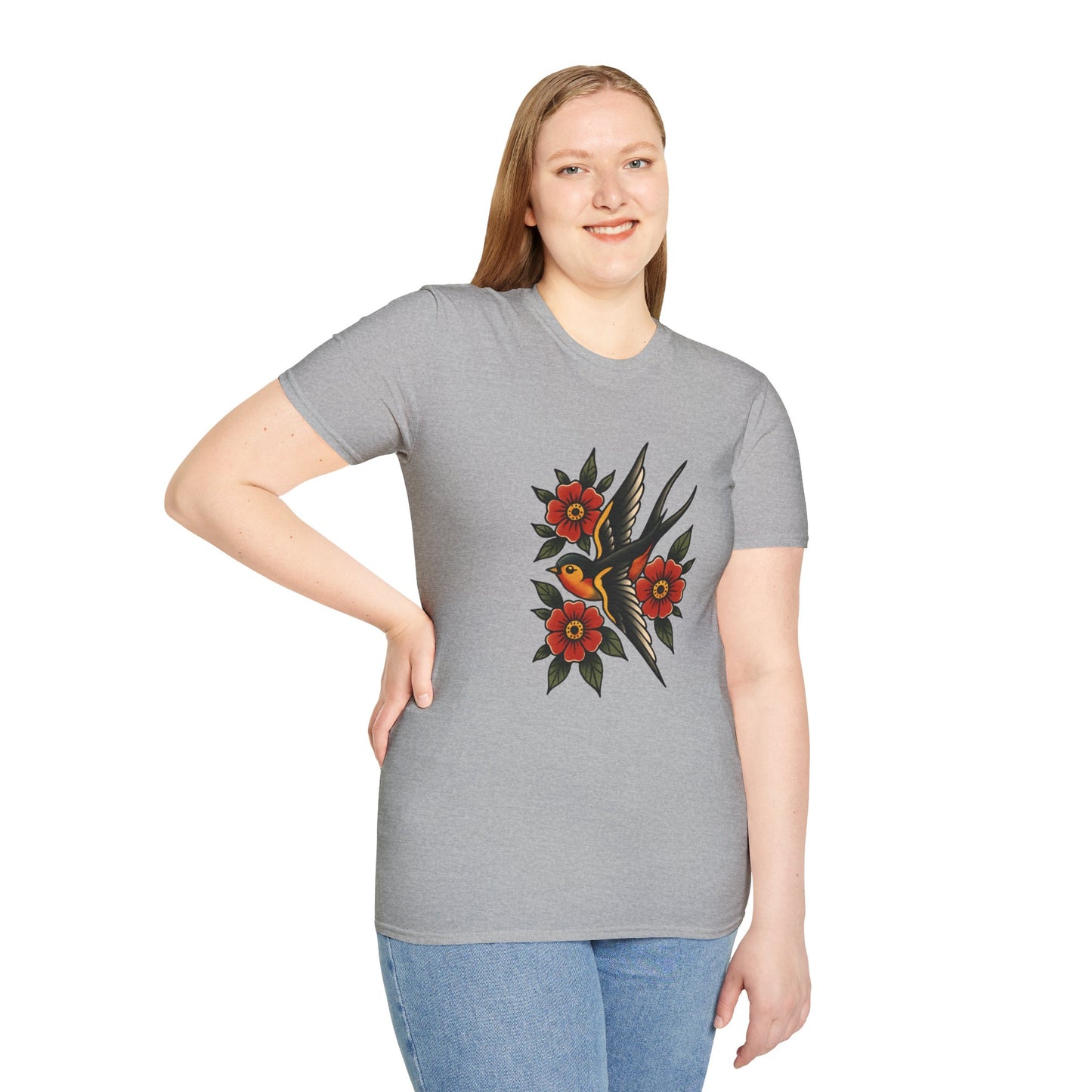 Vintage Floral Bird T-Shirt, Unisex Softstyle Tee, Boho Style Shirt, Perfect for Nature Lovers, Casual Wear