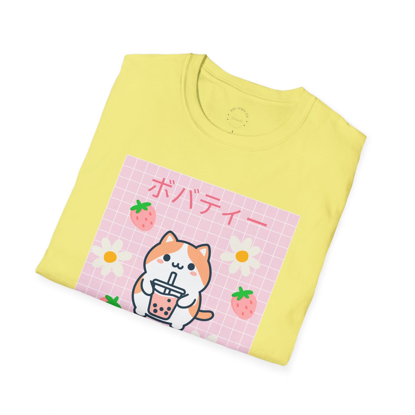 Boba Cat Graphic Tee, Unisex Softstyle T-Shirt, Kawaii Fashion, Anime Style Top