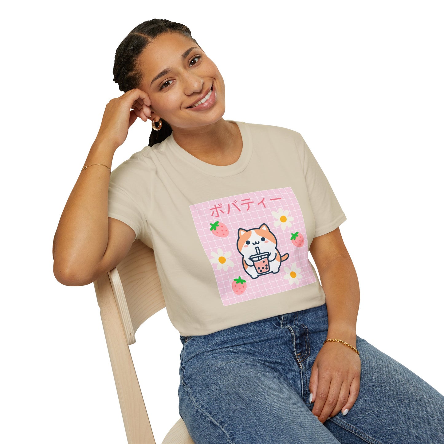Boba Cat Graphic Tee, Unisex Softstyle T-Shirt, Kawaii Fashion, Anime Style Top