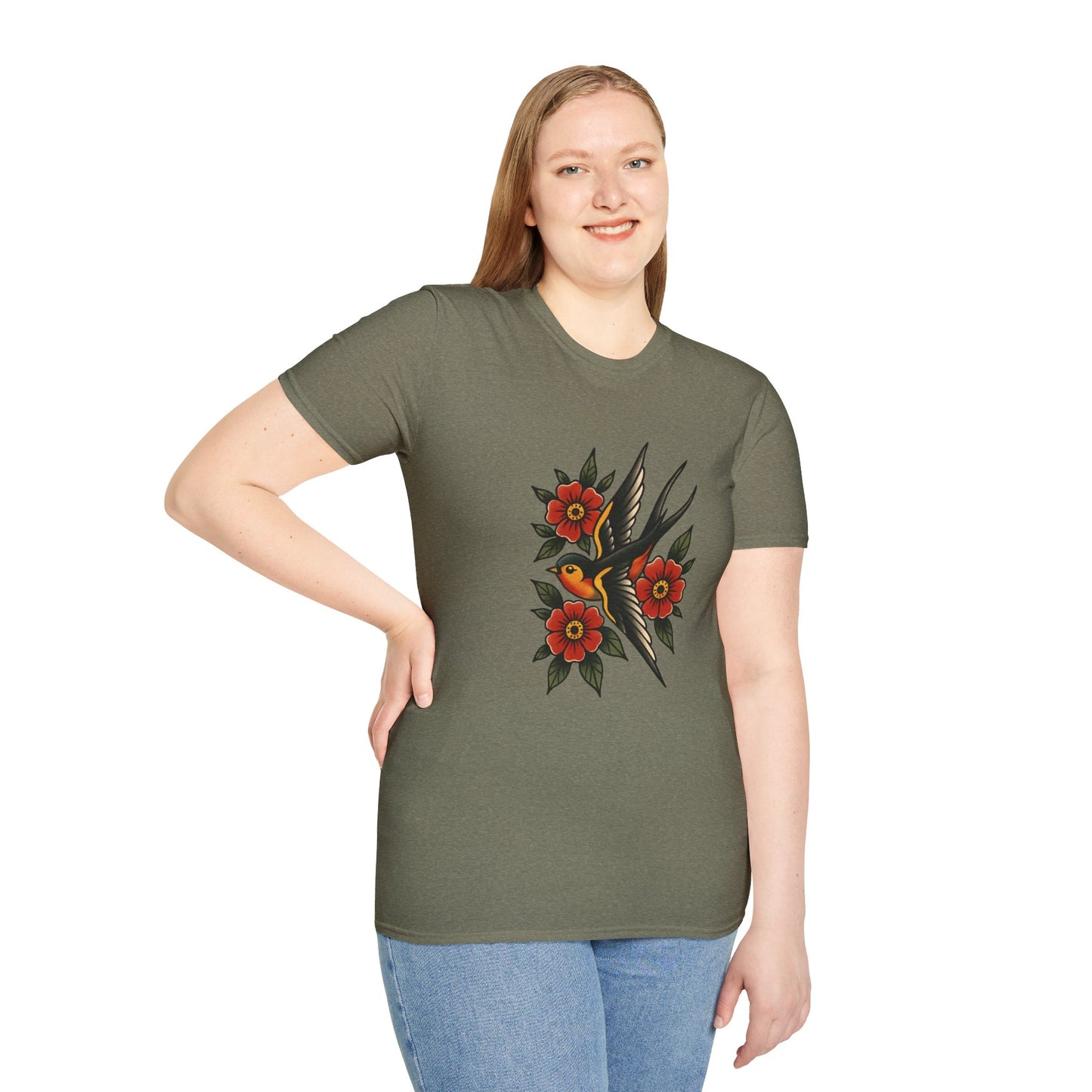 Vintage Floral Bird T-Shirt, Unisex Softstyle Tee, Boho Style Shirt, Perfect for Nature Lovers, Casual Wear
