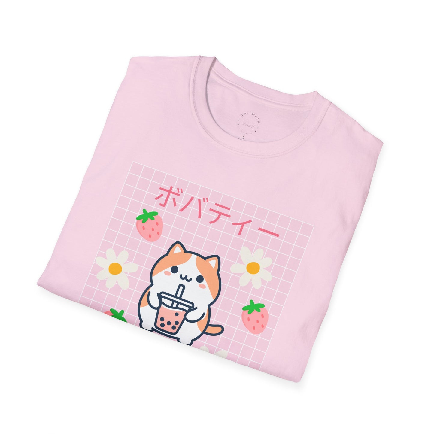 Boba Cat Graphic Tee, Unisex Softstyle T-Shirt, Kawaii Fashion, Anime Style Top
