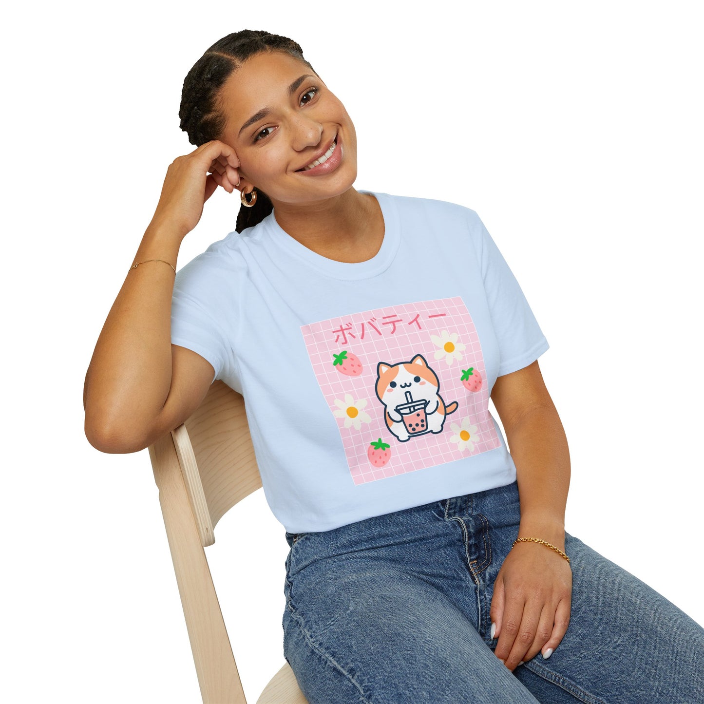 Boba Cat Graphic Tee, Unisex Softstyle T-Shirt, Kawaii Fashion, Anime Style Top