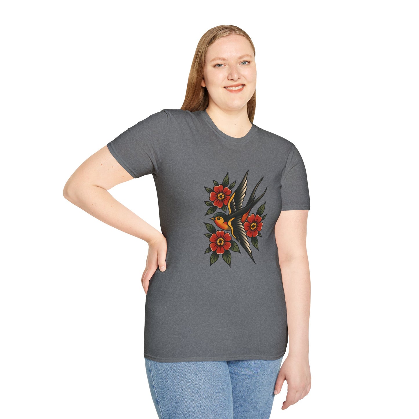 Vintage Floral Bird T-Shirt, Unisex Softstyle Tee, Boho Style Shirt, Perfect for Nature Lovers, Casual Wear