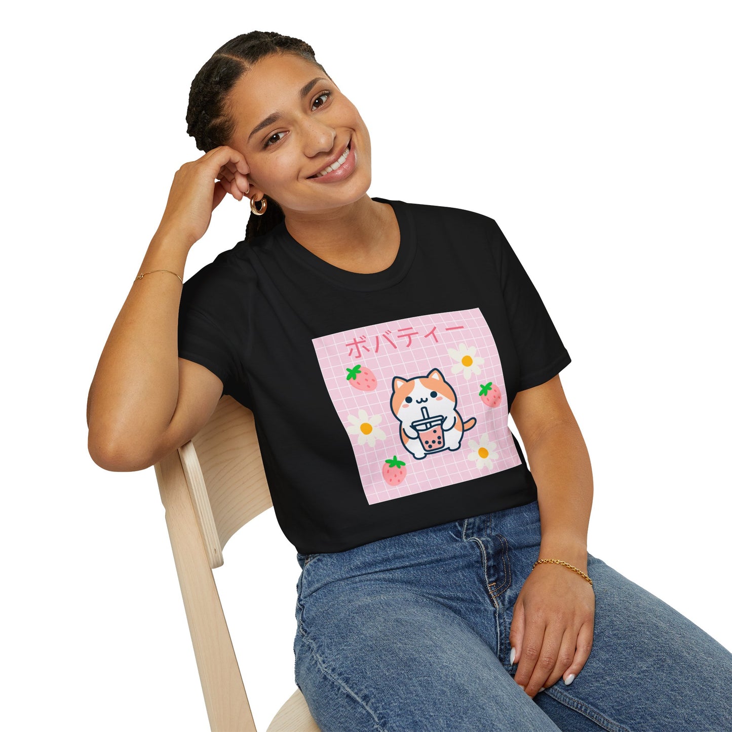 Boba Cat Graphic Tee, Unisex Softstyle T-Shirt, Kawaii Fashion, Anime Style Top