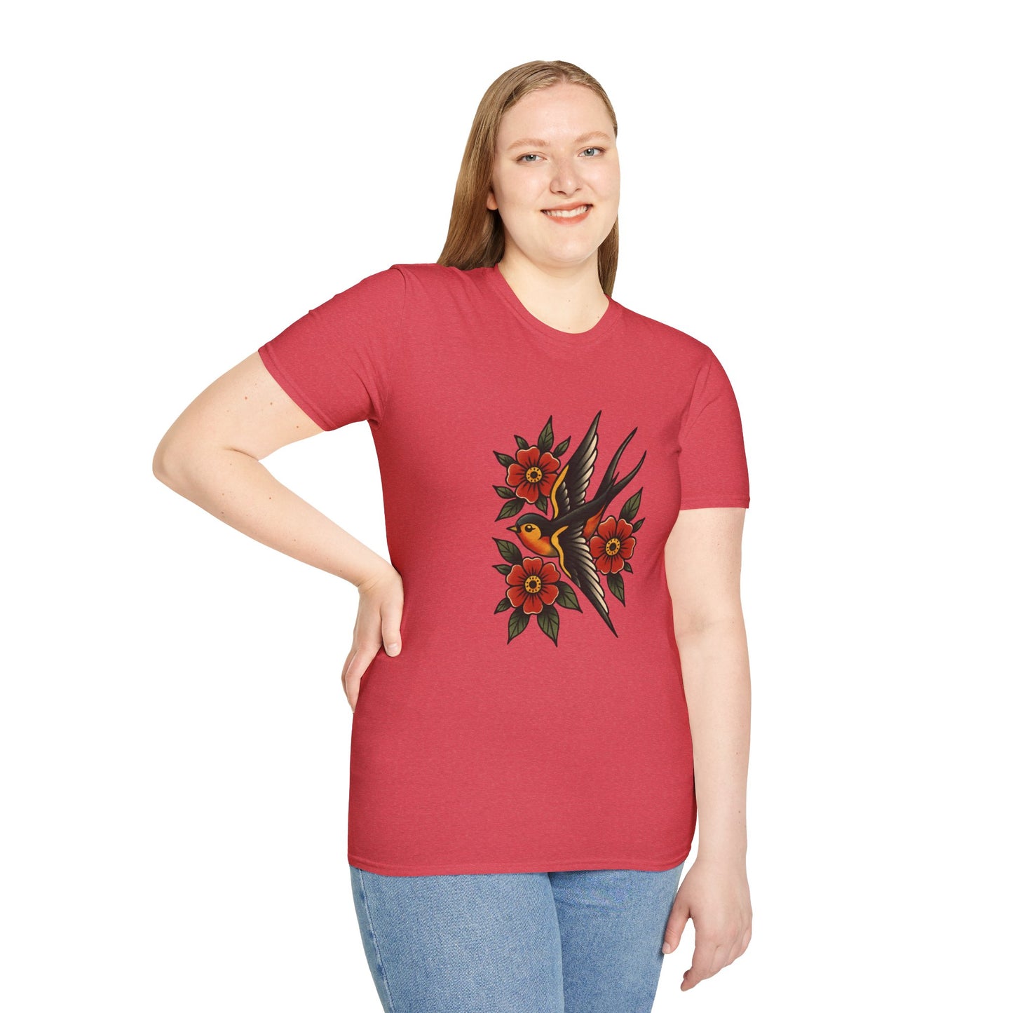 Vintage Floral Bird T-Shirt, Unisex Softstyle Tee, Boho Style Shirt, Perfect for Nature Lovers, Casual Wear