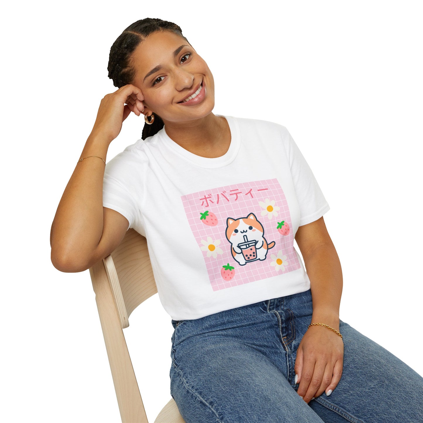 Boba Cat Graphic Tee, Unisex Softstyle T-Shirt, Kawaii Fashion, Anime Style Top