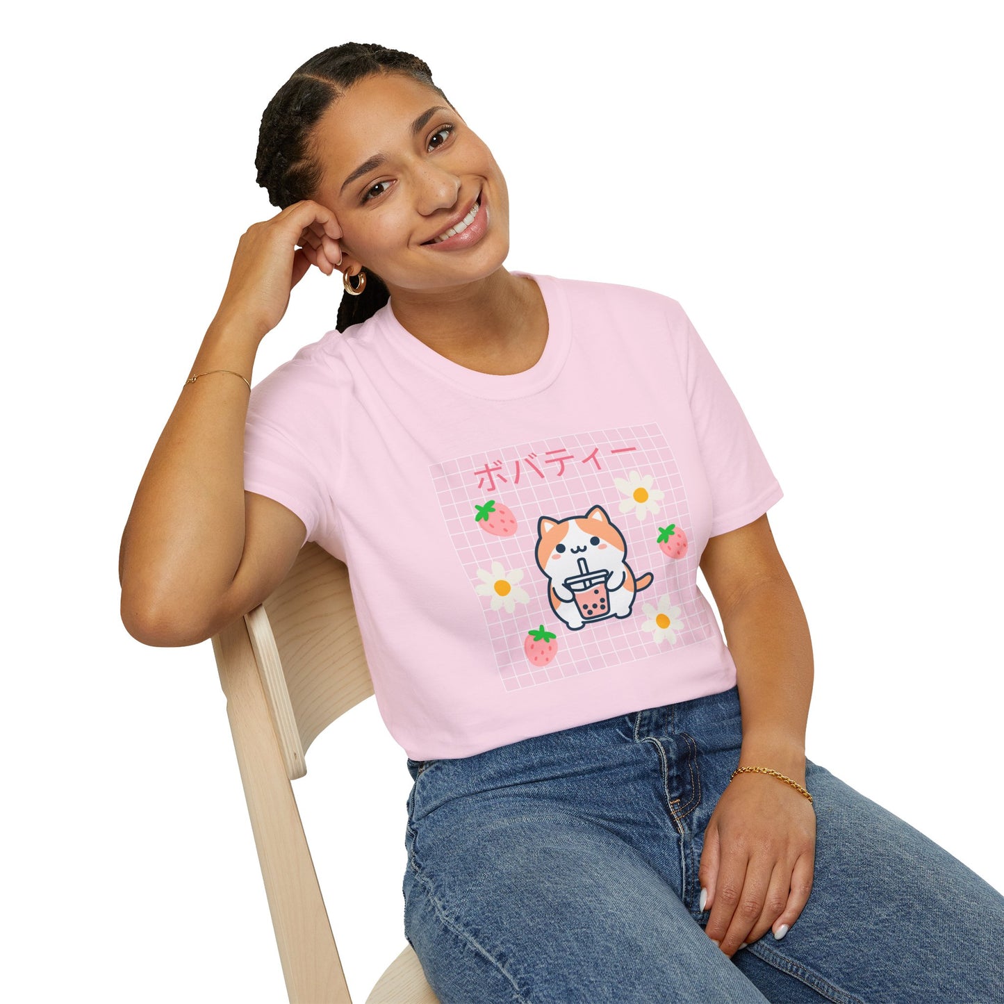 Boba Cat Graphic Tee, Unisex Softstyle T-Shirt, Kawaii Fashion, Anime Style Top