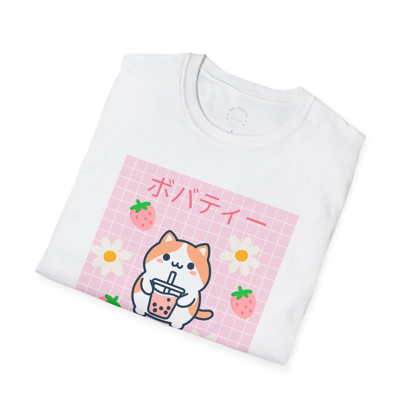 Boba Cat Graphic Tee, Unisex Softstyle T-Shirt, Kawaii Fashion, Anime Style Top
