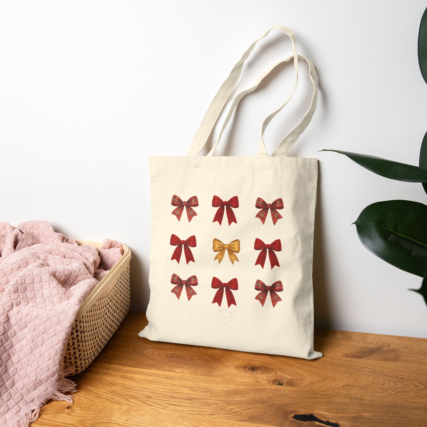 Holiday Bows Canvas Tote Bag — Festive Red & Gold Bow Pattern Grocery & Gift Bag