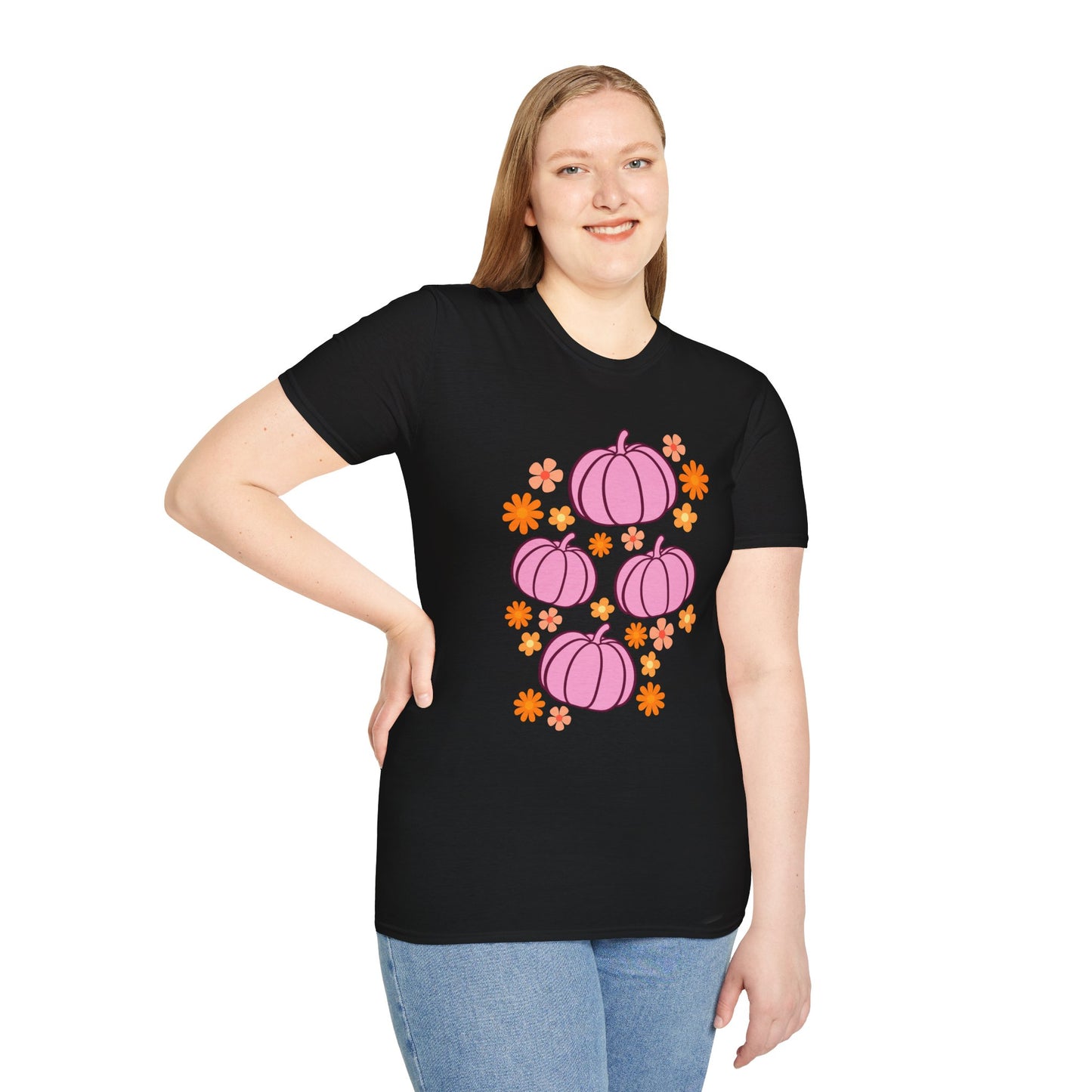 Pink Pumpkin Blooms T-Shirt | Autumn Style Tee, Fall Fashion, Halloween Shirt, Cute Casual Wear, Gift for Her