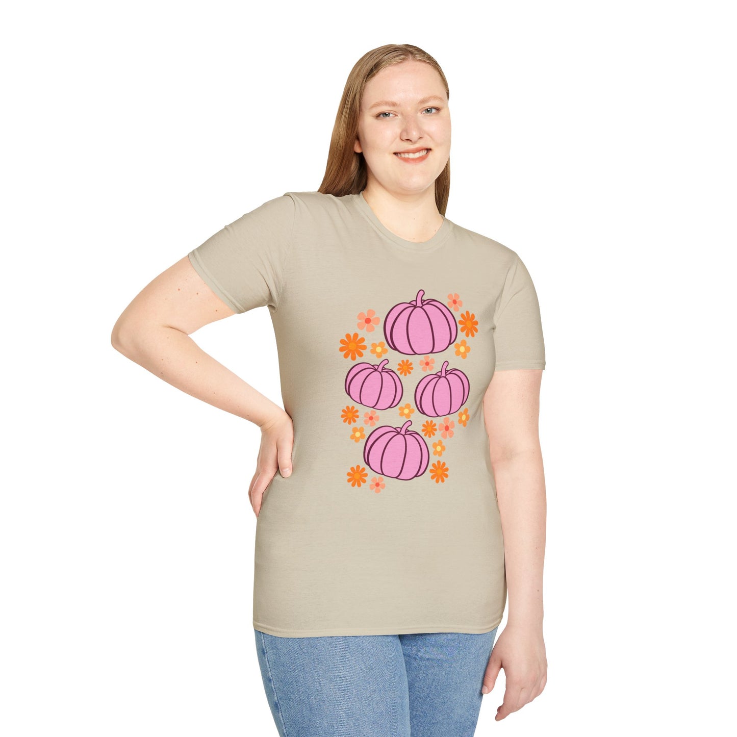Pink Pumpkin Blooms T-Shirt | Autumn Style Tee, Fall Fashion, Halloween Shirt, Cute Casual Wear, Gift for Her