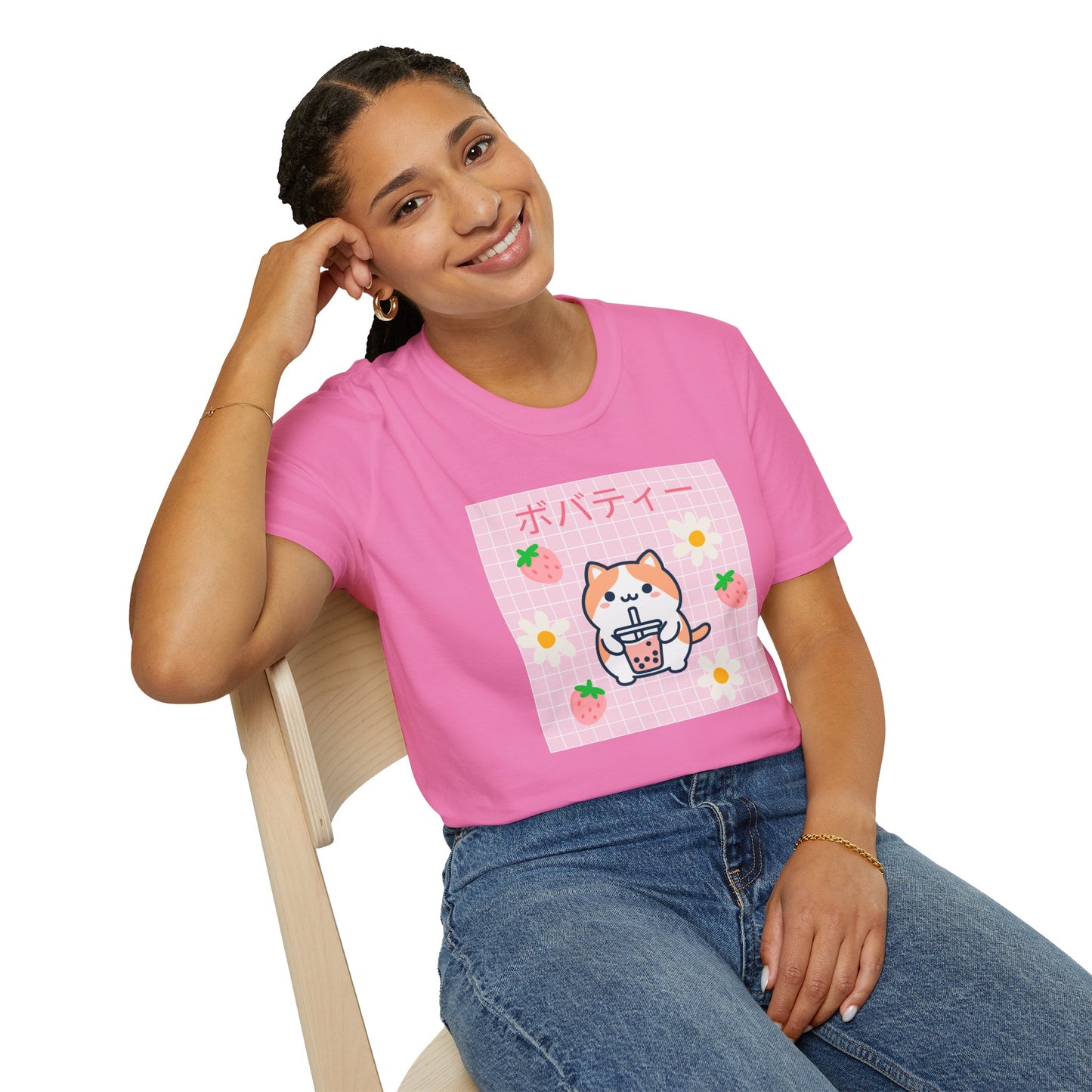Boba Cat Graphic Tee, Unisex Softstyle T-Shirt, Kawaii Fashion, Anime Style Top
