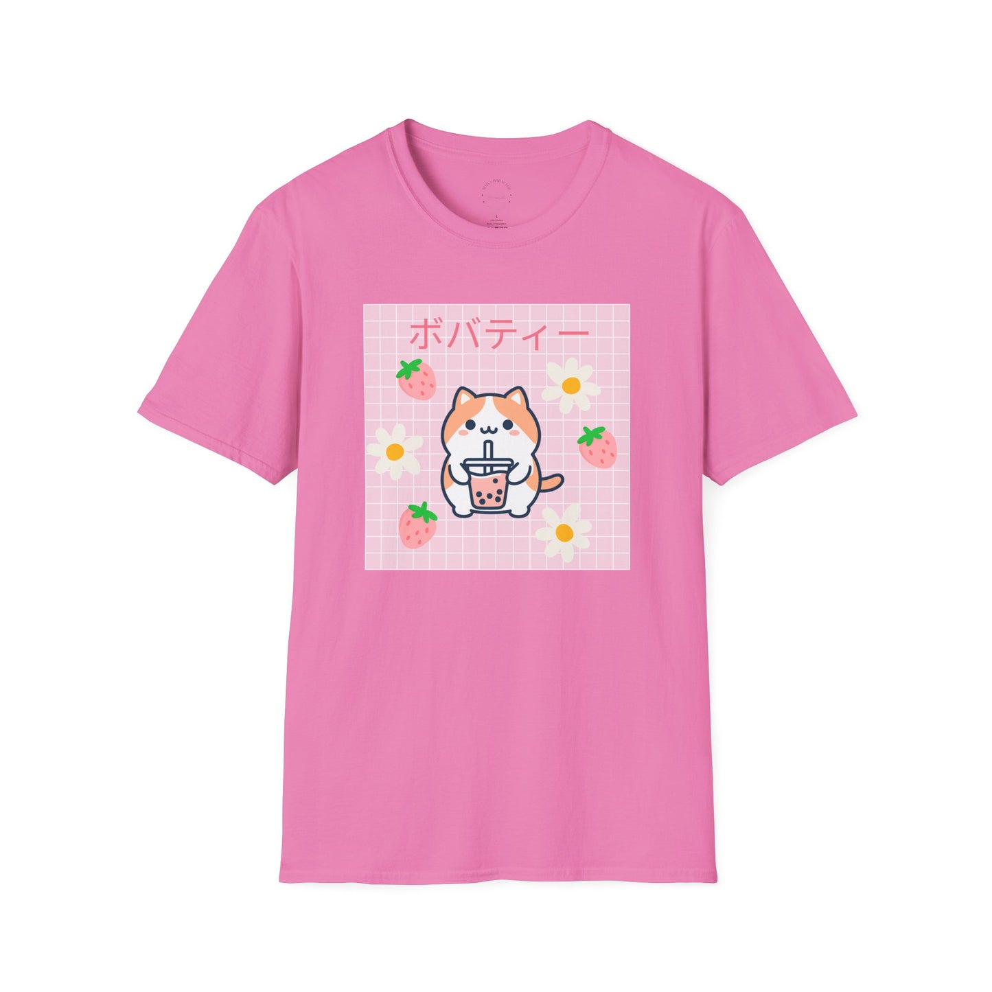 Boba Cat Graphic Tee, Unisex Softstyle T-Shirt, Kawaii Fashion, Anime Style Top