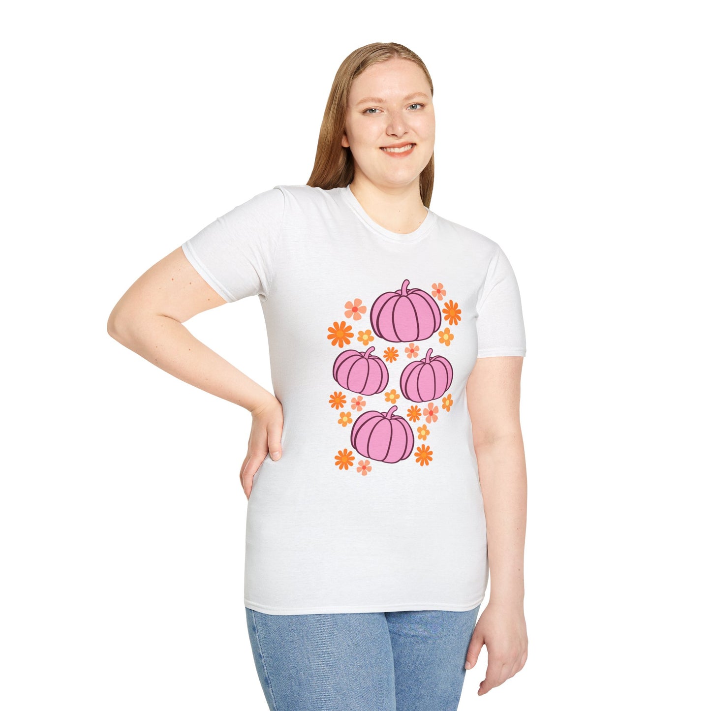 Pink Pumpkin Blooms T-Shirt | Autumn Style Tee, Fall Fashion, Halloween Shirt, Cute Casual Wear, Gift for Her