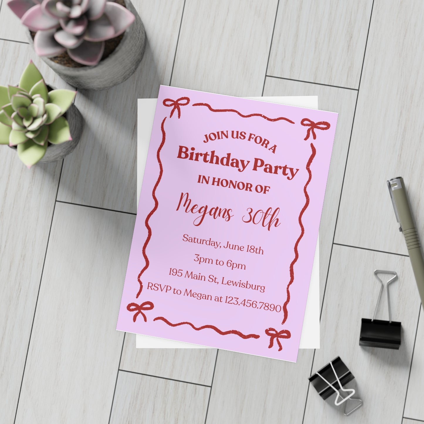 Birthday Invitation- Bows (envelopes included)