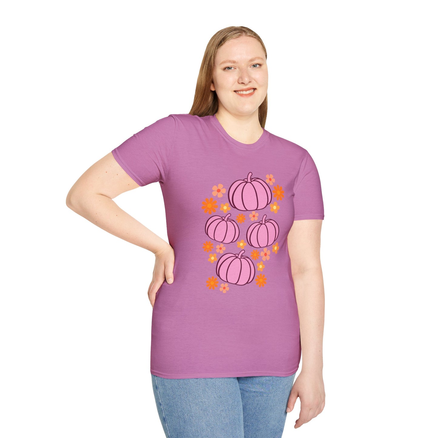 Pink Pumpkin Blooms T-Shirt | Autumn Style Tee, Fall Fashion, Halloween Shirt, Cute Casual Wear, Gift for Her