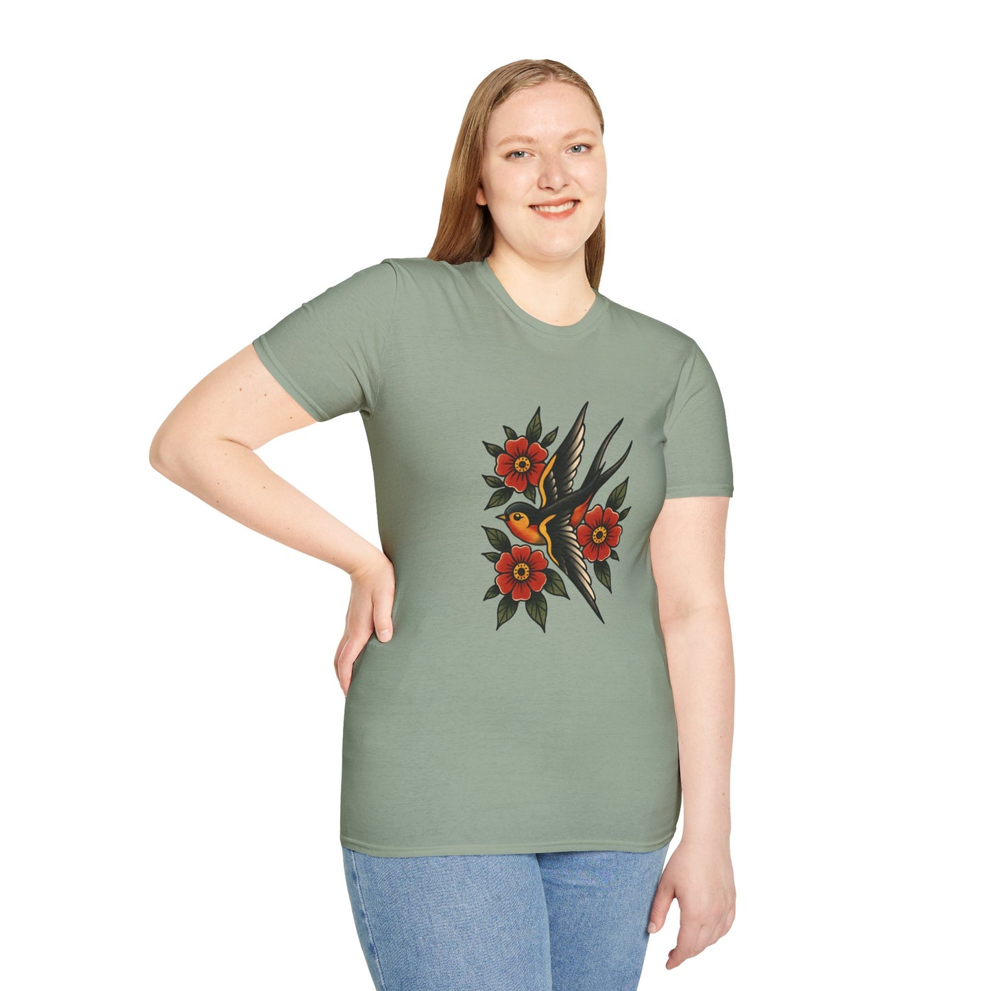Vintage Floral Bird T-Shirt, Unisex Softstyle Tee, Boho Style Shirt, Perfect for Nature Lovers, Casual Wear