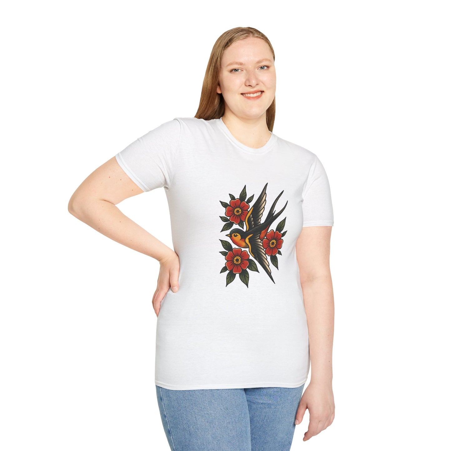 Vintage Floral Bird T-Shirt, Unisex Softstyle Tee, Boho Style Shirt, Perfect for Nature Lovers, Casual Wear