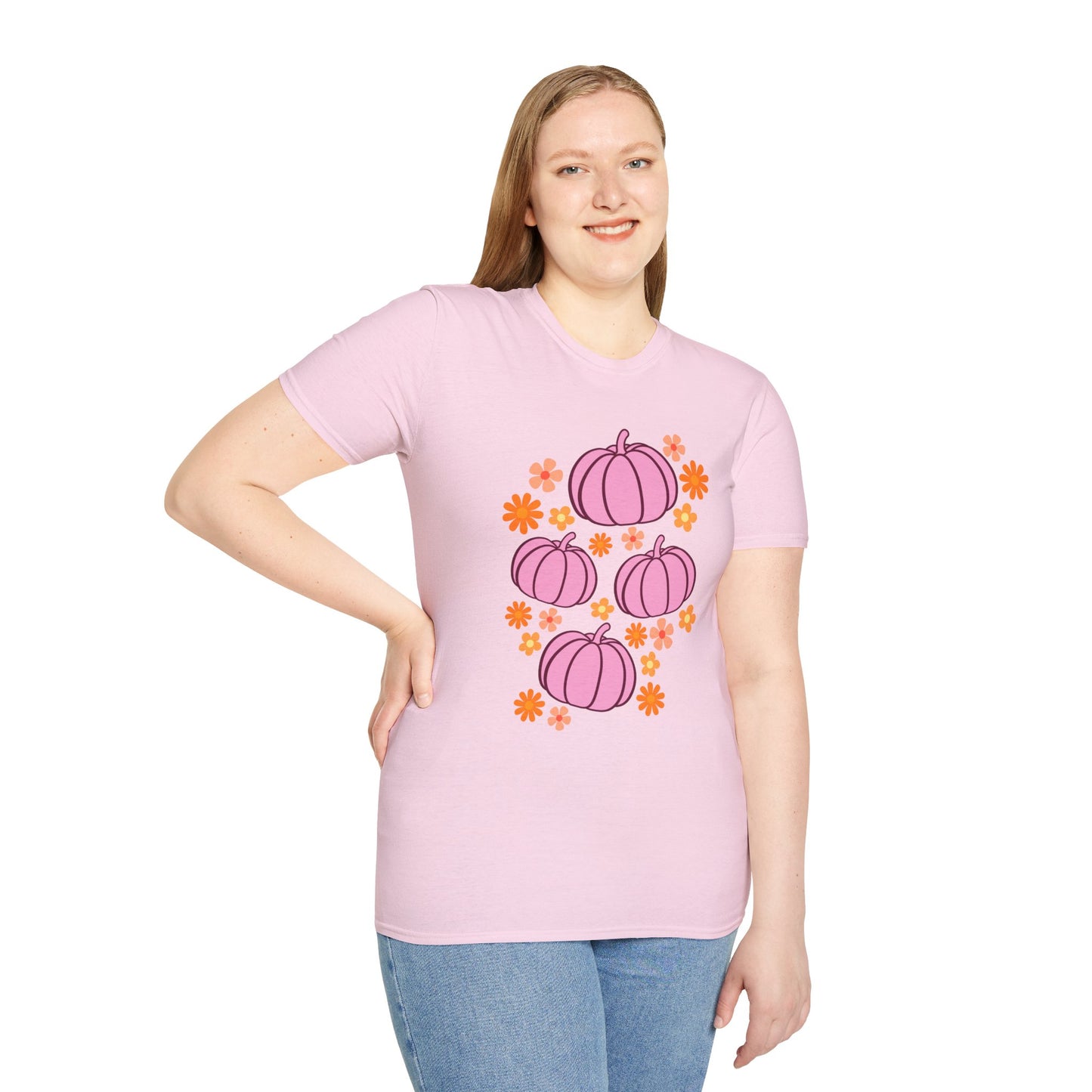 Pink Pumpkin Blooms T-Shirt | Autumn Style Tee, Fall Fashion, Halloween Shirt, Cute Casual Wear, Gift for Her