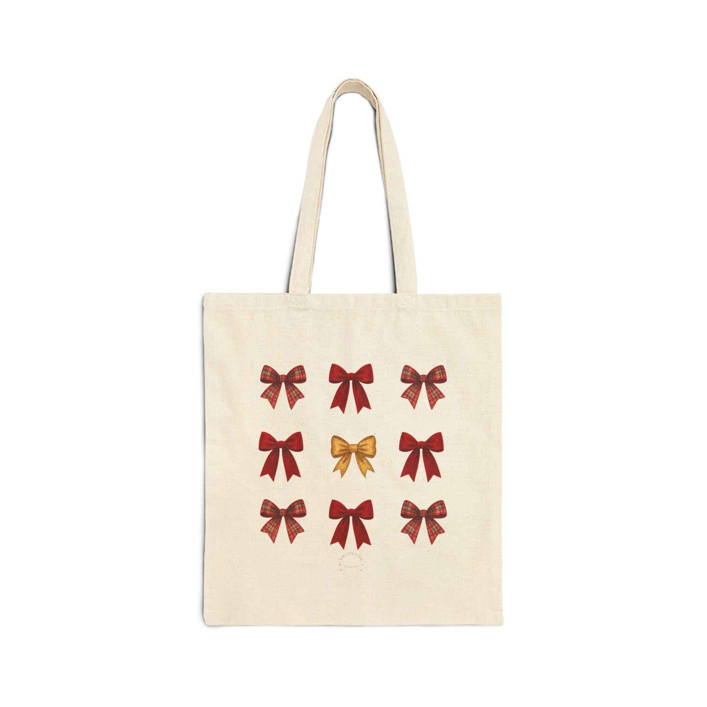 Holiday Bows Canvas Tote Bag — Festive Red & Gold Bow Pattern Grocery & Gift Bag