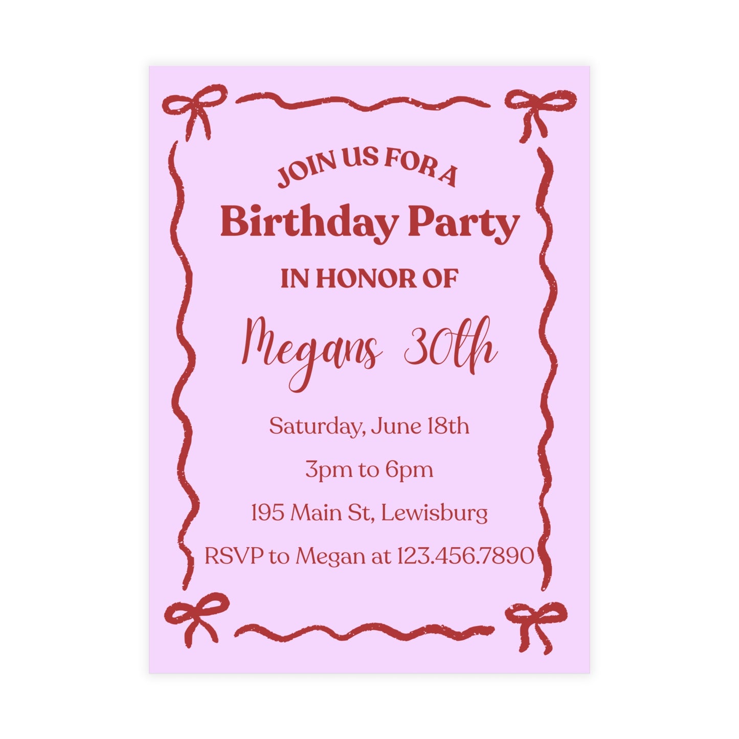 Birthday Invitation- Bows (envelopes included)