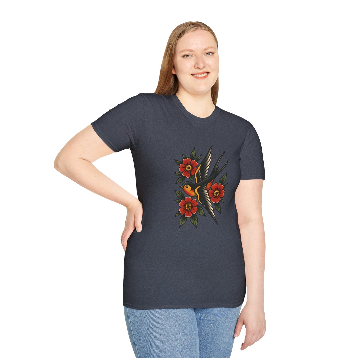 Vintage Floral Bird T-Shirt, Unisex Softstyle Tee, Boho Style Shirt, Perfect for Nature Lovers, Casual Wear