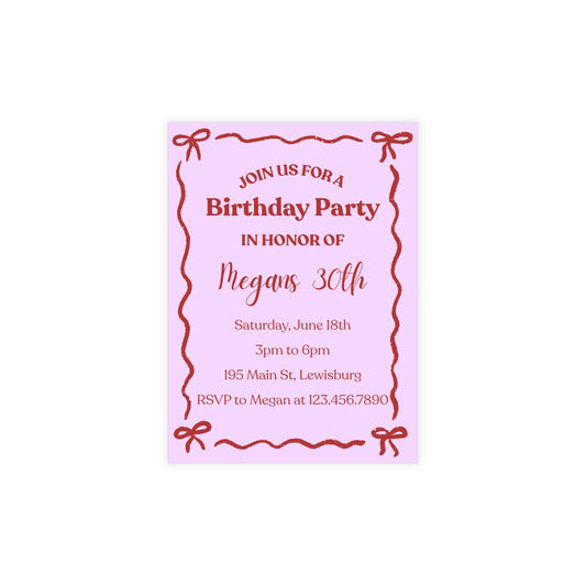 Birthday Invitation- Bows (envelopes included)