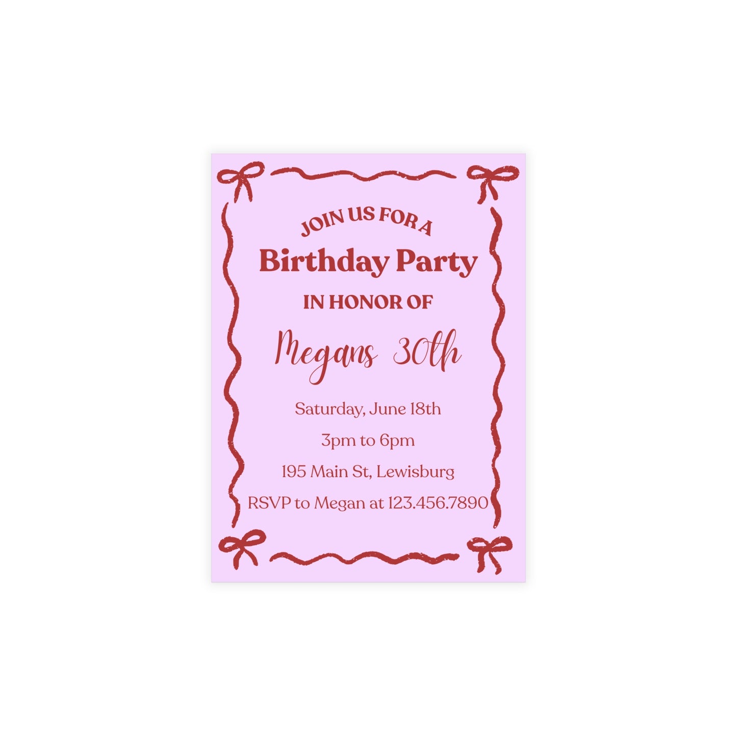 Birthday Invitation- Bows (envelopes included)