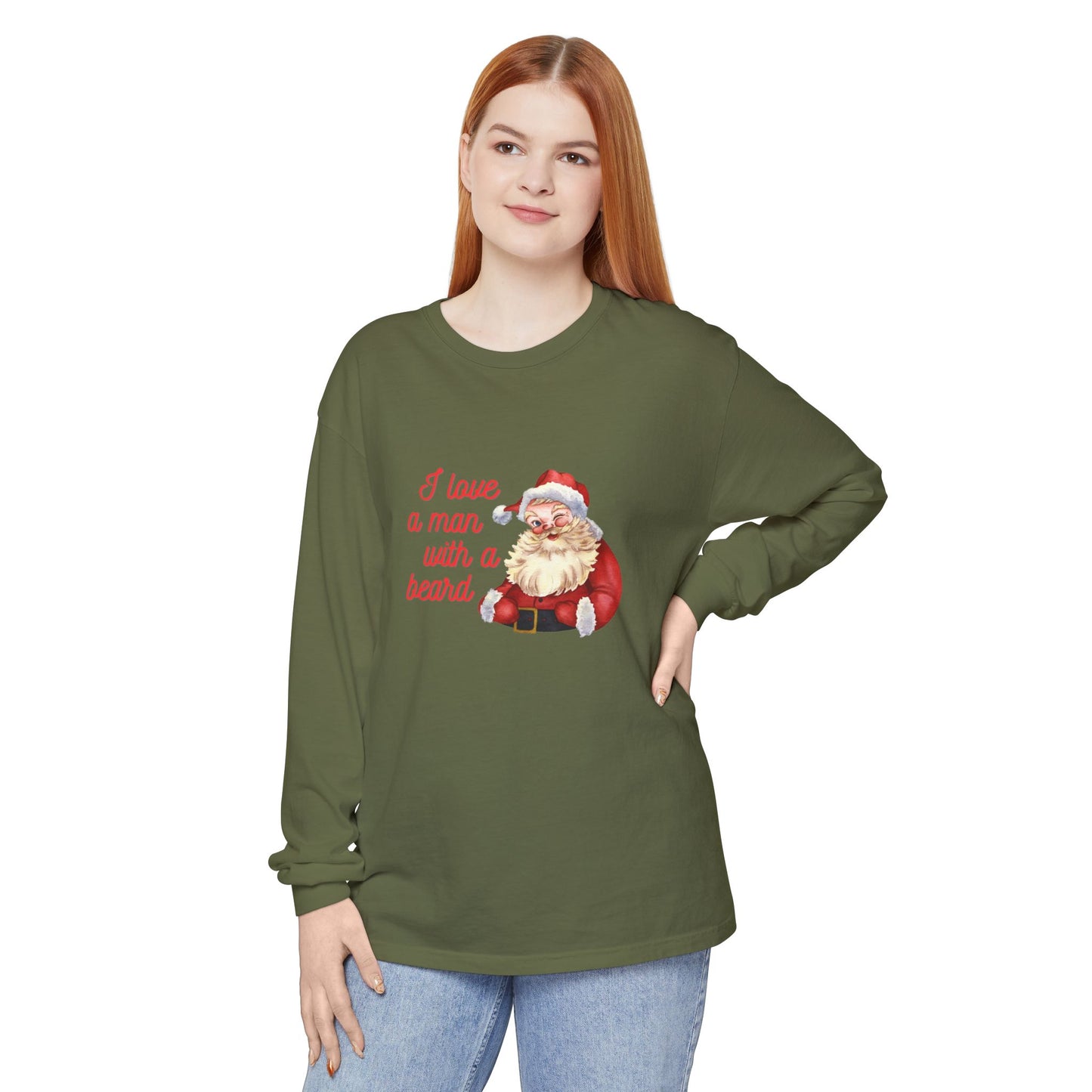 Santa Beard Christmas Long Sleeve Tee — "I Love a Man with a Beard"