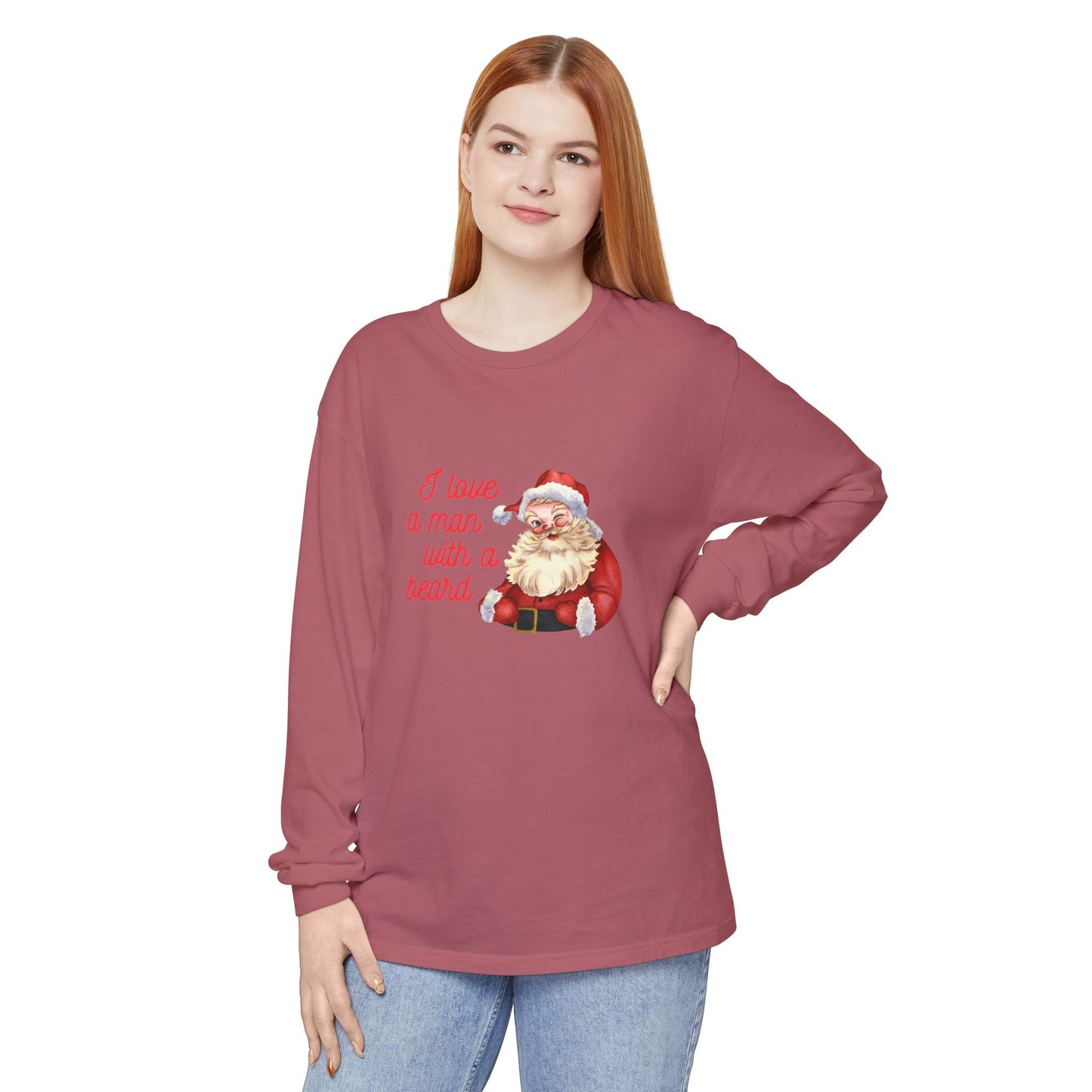 Santa Beard Christmas Long Sleeve Tee — "I Love a Man with a Beard"
