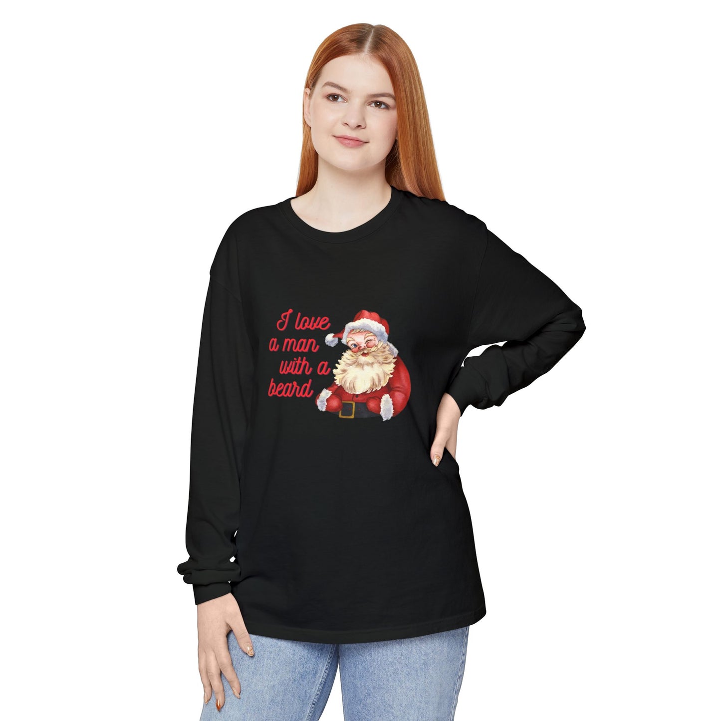 Santa Beard Christmas Long Sleeve Tee — "I Love a Man with a Beard"
