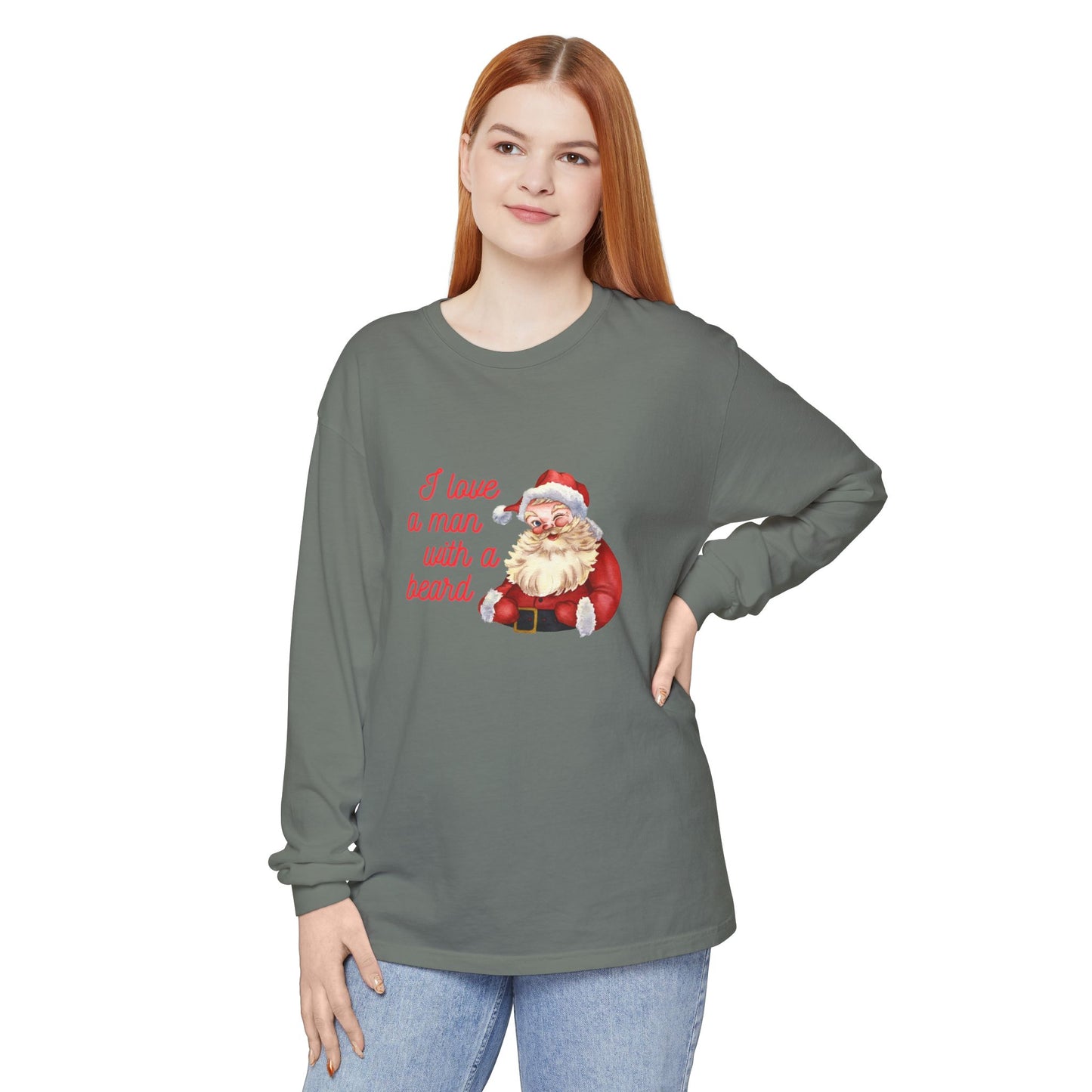 Santa Beard Christmas Long Sleeve Tee — "I Love a Man with a Beard"