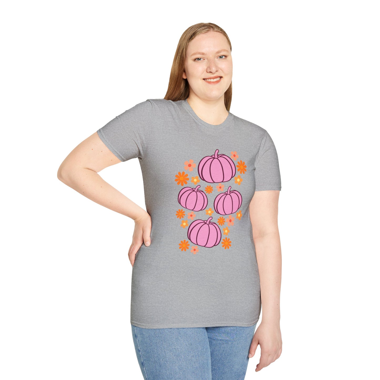Pink Pumpkin Blooms T-Shirt | Autumn Style Tee, Fall Fashion, Halloween Shirt, Cute Casual Wear, Gift for Her