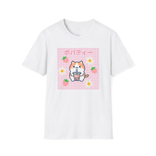Boba Cat Graphic Tee, Unisex Softstyle T-Shirt, Kawaii Fashion, Anime Style Top