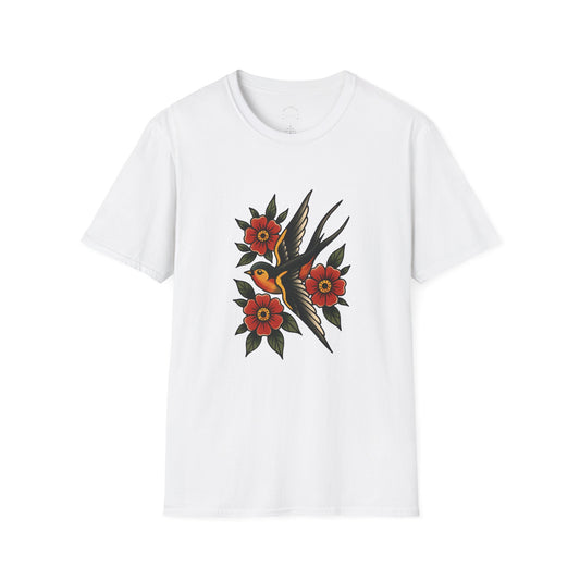 Vintage Floral Bird T-Shirt, Unisex Softstyle Tee, Boho Style Shirt, Perfect for Nature Lovers, Casual Wear